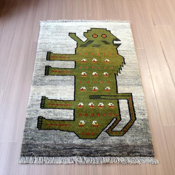 ライオンギャッベ 122x78cm グリーンライオンと動物と生命の木モチーフ