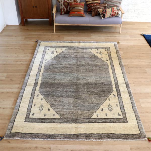 ギャッベ　イラン産手織りラグ　ふかふか 240x173cm モノトーン　グレーの六角メダリオン