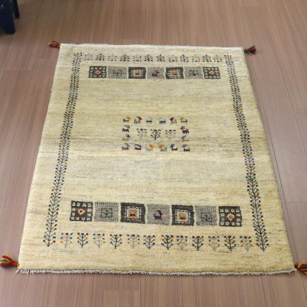 ギャッベ　イラン産手織りラグ 145x107cm ナチュラルアイボリー　動物モチーフ