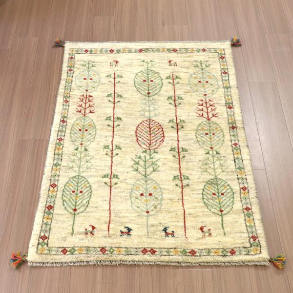 ギャッベ　イラン産手織りラグ 140x102cm ナチュラルアイボリー　連続する生命の木