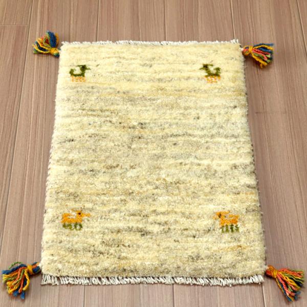 ギャッベ ミニサイズ イラン遊牧民の手織りラグ 55x40cm 羊毛のナチュラルベージュ　グレー　動...