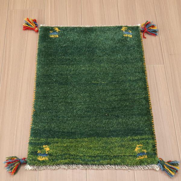 ギャッベ ミニサイズ イラン遊牧民の手織りラグ 57x41cm グリーン　無地　シンプル