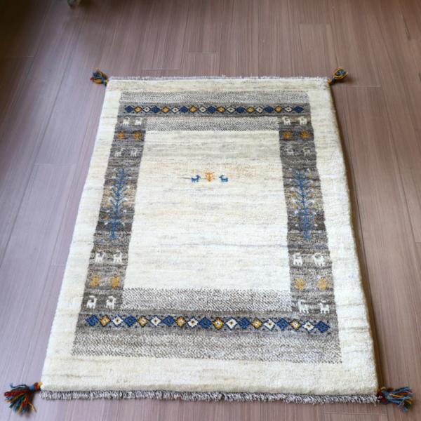 ギャッベ イラン　遊牧民の手織りラグ 120x84cm 無染色のアイボリーとグレー