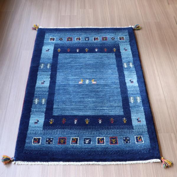 ギャッベ イラン産手織り 130x84cm ブルー　ネイビー　ボーダーとタイル