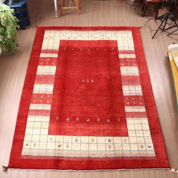 ギャッベ　カシュガイ族の手織り 296x200cm レッド/ナチュラルアイボリー　タイル　植物と動物...