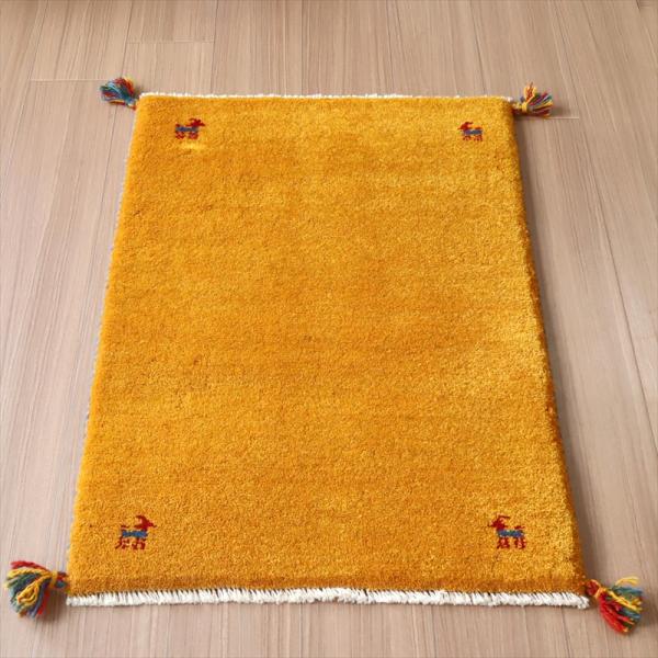 ギャッベ　手織りラグ イラン産 88x62cm 玄関サイズ　マスタードイエロー