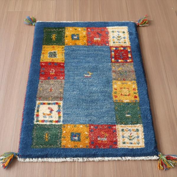 ギャッベ　手織りラグ イラン産 87x62cm 玄関サイズ　ブルー　カラフルタイル