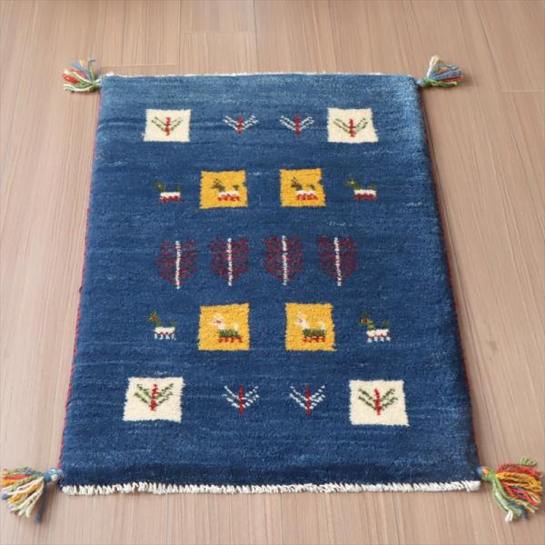 ギャッベ　手織りラグ イラン産 88x58cm 玄関サイズ　ブルー