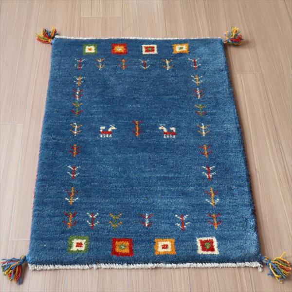 ギャッベ　手織りラグ イラン産 85x60cm 玄関サイズ　ブルー