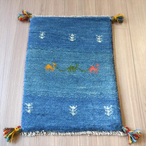 ギャッベ 手織り イラン産 55x38cm ブルーグラデ―ション　ラクダ