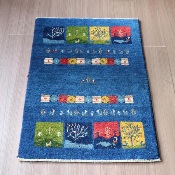 ギャッベ　イラン 手織り  93x64cm 玄関マットサイズ　ブルー　風景のギャッベ
