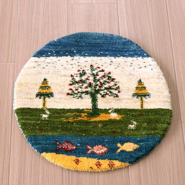 ギャッベ 円形　イラン産手織りギャベ 43x43cm 生命の樹のある風景