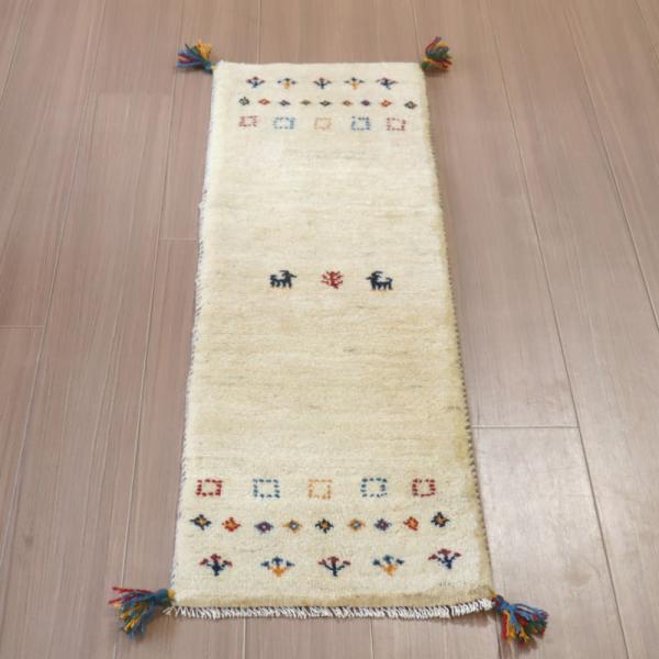 ギャッベ イラン産 手織り 113x40cm ナチュラルアイボリー　ランナー