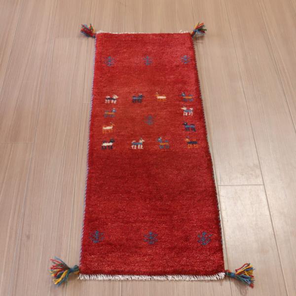 ギャッベ　イラン　細長ランナー 116x40cm レッド　動物モチーフ