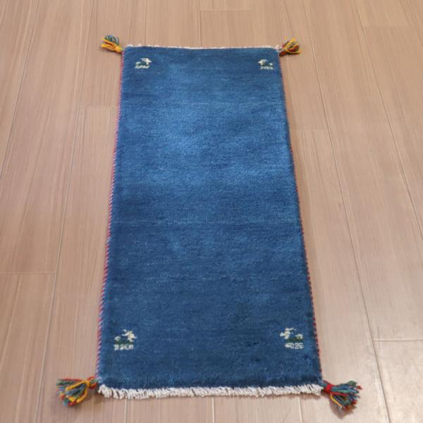 ギャッベ イラン産 手織り 120x43cm ブルー　シンプル　無地