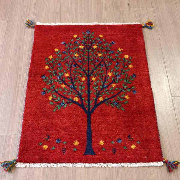 ギャッベ 細かな織り リズバフト 90x65cm レッド　枝葉を伸ばす生命の木