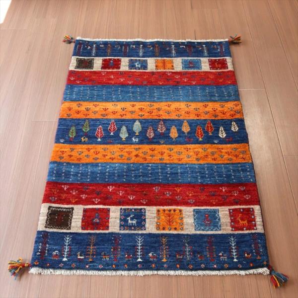 ギャッベ イラン産 手織り 127x80cm 鮮やかな色合いのボーダーデザイン