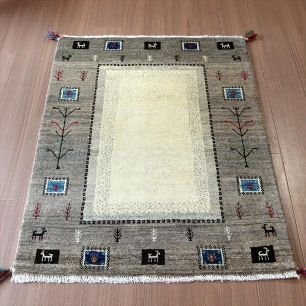 ギャッベ イラン産 手織り 120x83cm グレー&amp;アイボリー