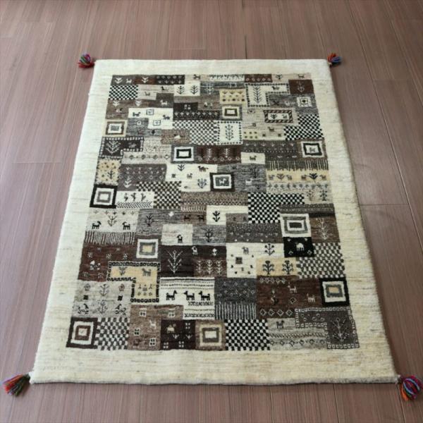 ギャッベ イラン産 手織り 126x87cm タイルデザイン モノトーン