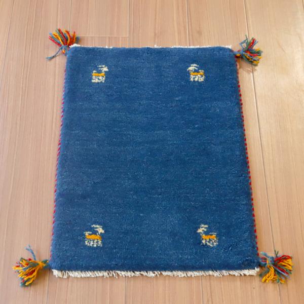 ギャッベ ミニギャベ イラン　 60x42cm ブルー　シンプル　無地　動物モチーフ