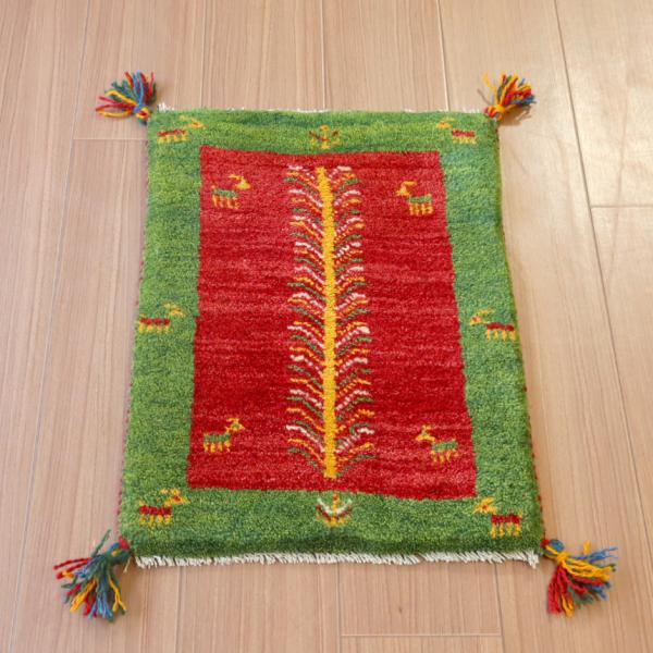 ギャッベ ミニギャベ イラン　 56x42cm レッド/グリーン　生命の木