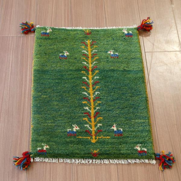 ギャッベ ミニギャベ イラン　 62x44cm グリーン　生命の木と動物