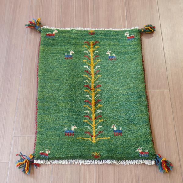 ギャッベ ミニギャベ イラン　 61x44cm グリーン　生命の木と動物