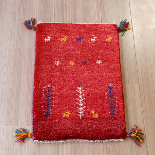 ギャッベ ミニギャベ イラン　 59x42cm レッド　草花と動物モチーフ