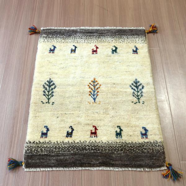 ギャッベ イラン産手織り 90x66cm 玄関マット　アイボリー＆グレー