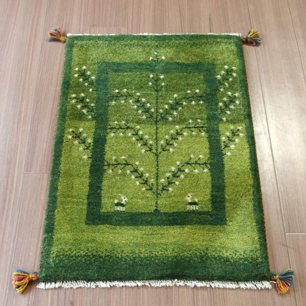 ギャベ イラン産手織り 88x62cm 玄関マット　グリーン　生命の木