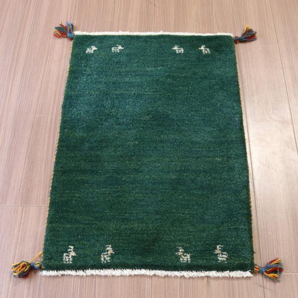 ギャベ イラン産手織り 90x62cm 玄関マット　グリーン　シンプル　無地