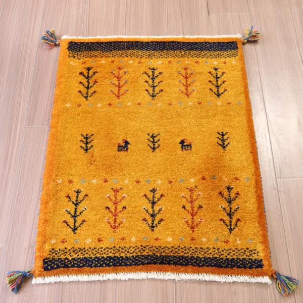 ギャッベ 手織り イラン産 88×64cm オレンジ　生命の木　玄関マット　
