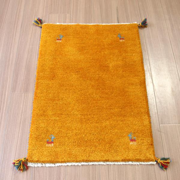 ギャッベ 手織り イラン産 88x62cm 玄関マット　オレンジ　無地　シンプル