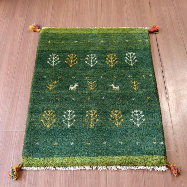 ギャッベ 手織り イラン産 87x62cm グリーン 生命の木と動物