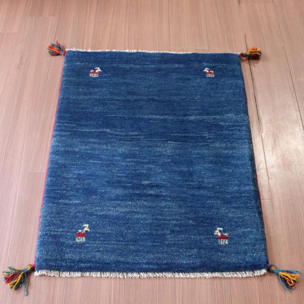 ギャッベ 手織り イラン産 92x66cm ブルー シンプルモチーフ
