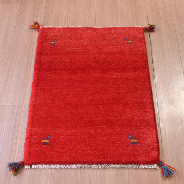 ギャッベ 手織り イラン産 88x58cm レッド シンプルモチーフ