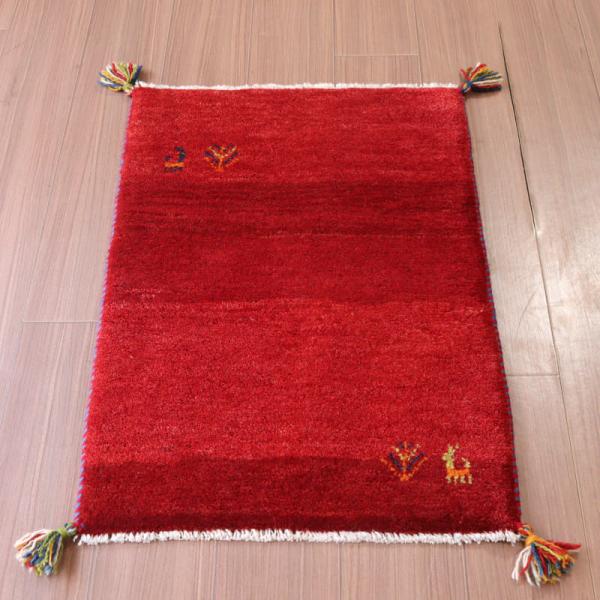ギャッベ 手織り イラン産 85x58cm レッド 動物と植物