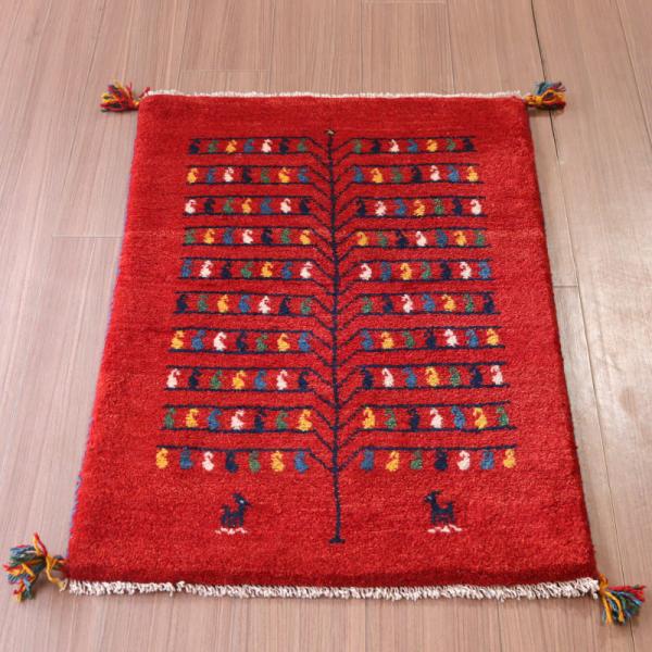 ギャッベ 手織り イラン産 90x62cm レッド 生命の木