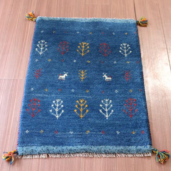 ギャッベ 手織り イラン産 88x62cm ブルー 植物と動物