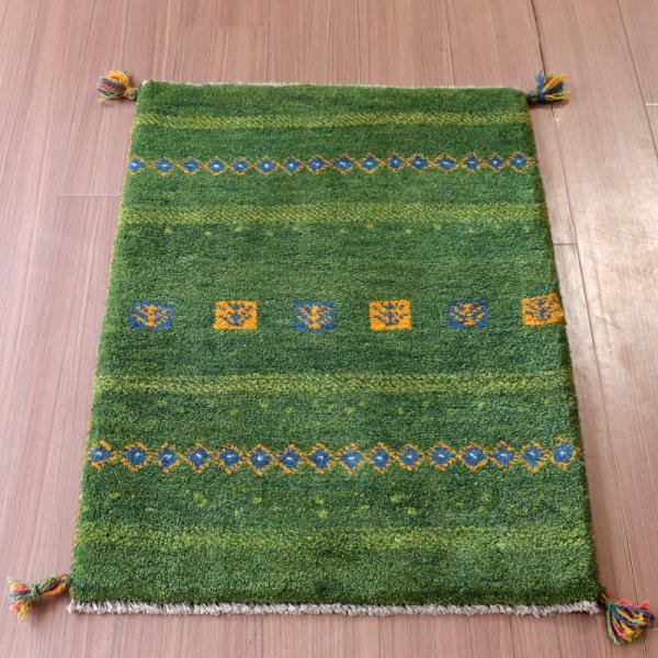 ギャッベ 手織り イラン産 90x62cm グリーン 幾何学モチーフ