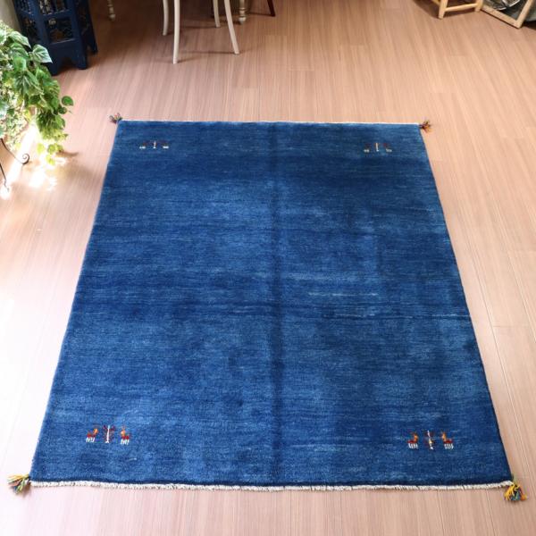 ギャベ ギャッベ イラン産手織り  ブルー　 シンプル　無地 動物モチーフ