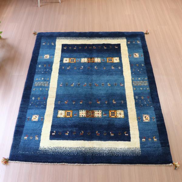 ギャベ ギャッベ イラン産手織り  ブルーグラデーション　アイボリーのボーダー