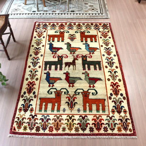 カシュカイ族の手織りラグ ギャッベ 195x120cm 鳥と動物