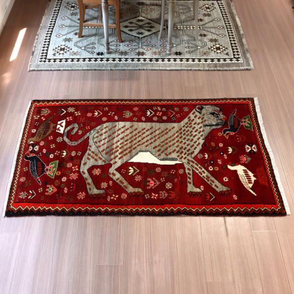 イランの手織りラグ オールドギャッベ 175x100cm ヒョウと鳥たち