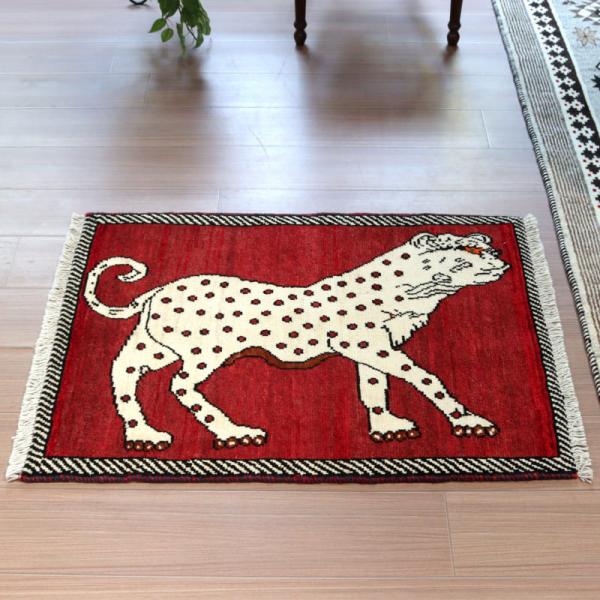 イランの手織りラグ ギャッベ 92x65cm 白いヒョウ