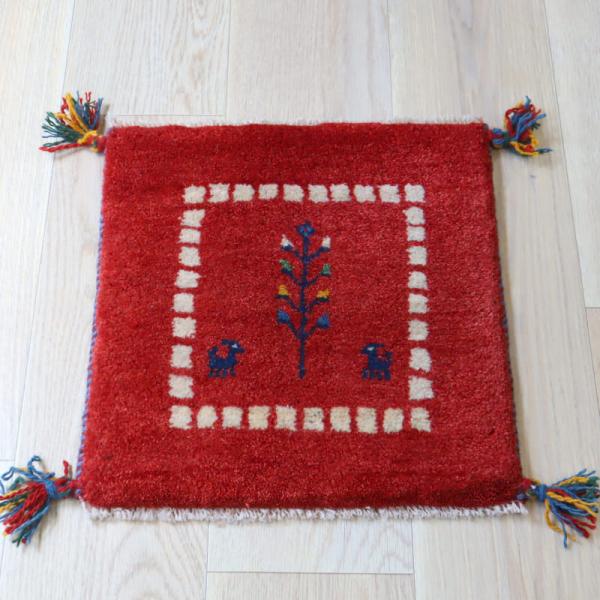 ギャッベ イラン産手織り 座布団サイズ 42x41cm レッド　草花と動物モチーフ
