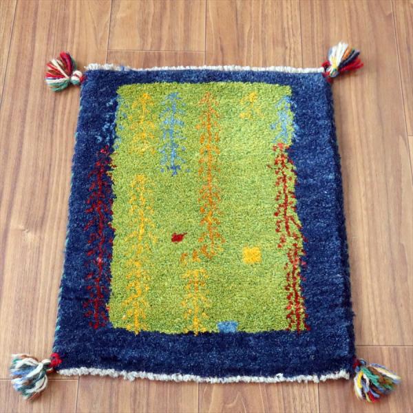 ギャッベ ミニギャベ イラン　 50×38cm グリーン＆ブルー 連なる生命の木