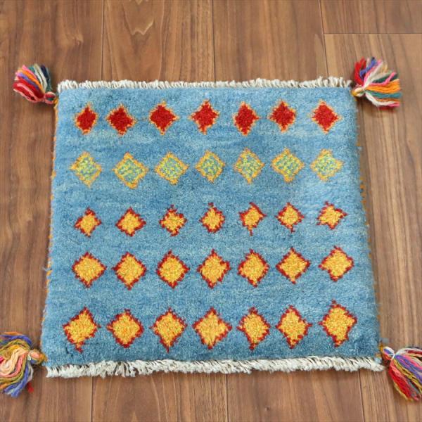 ギャッベ イラン産手織り 座布団サイズ 39×39cm ブルー カラフルなひし形モチーフ