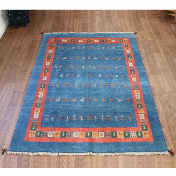 ギャッベ 明るいブルー　 233x172cm 動物と駱駝のモチーフ　レッドボーダー