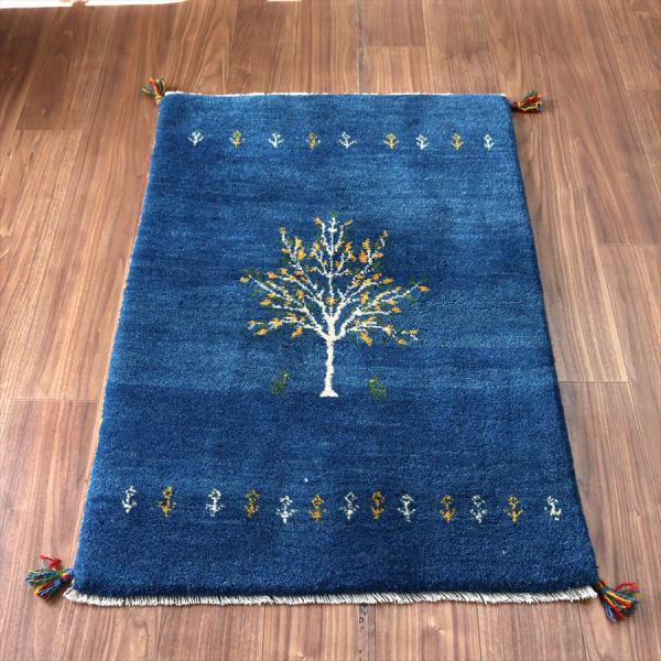 イランの手織りラグ ギャッベ 120x80cm 植物と動物 ブルー